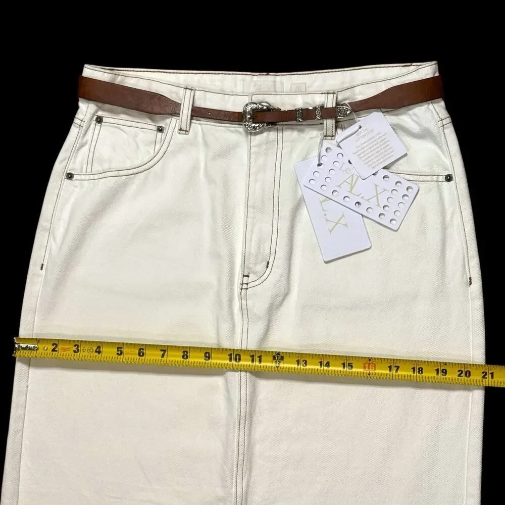 NEW Le' AL.X Ivory White Denim Pencil Maxi Skirt Contrast Stitch Back Slit 32 - Picture 4 of 12